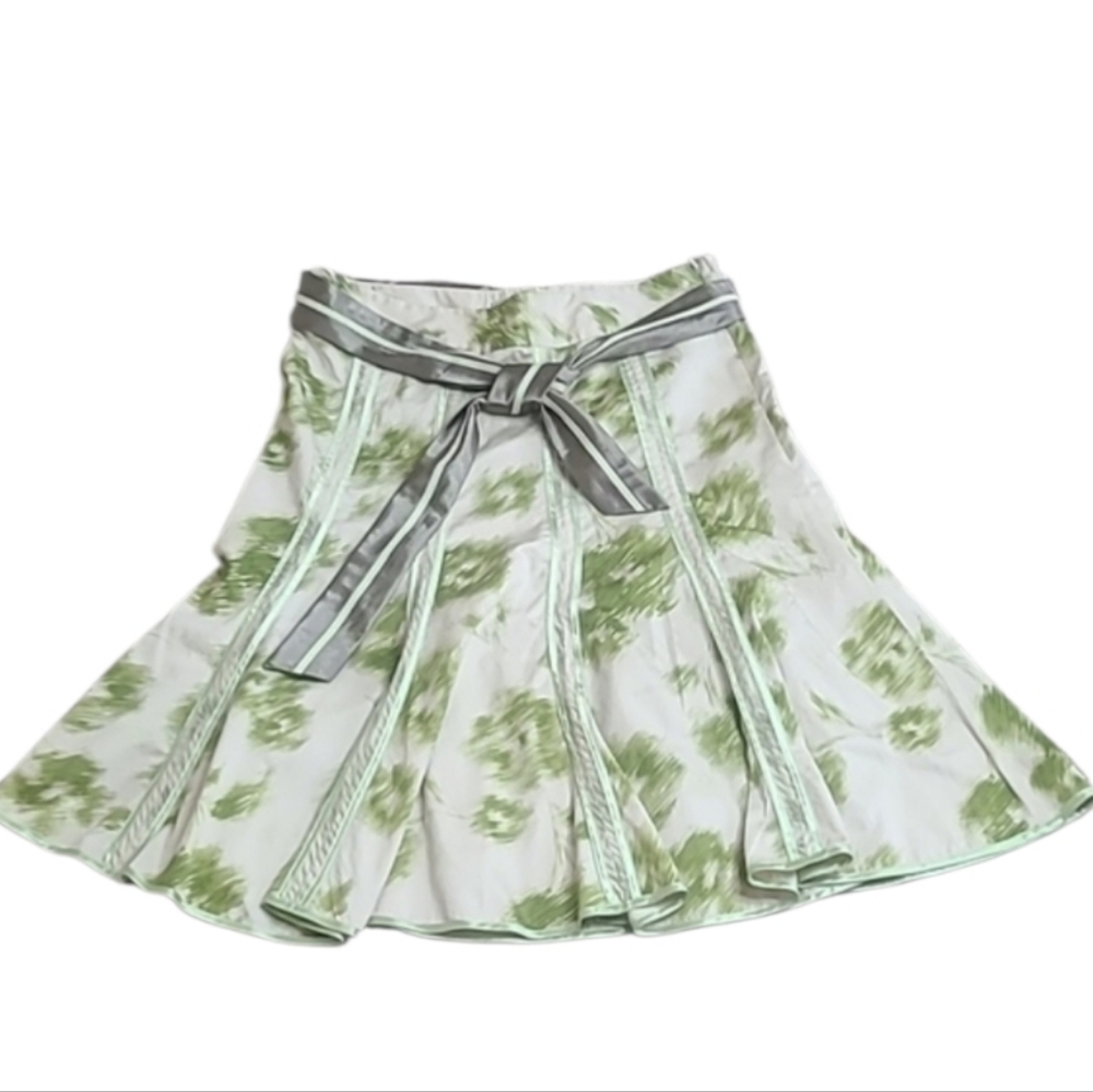 Old Navy Green And Cream Panel Wavy Flare Skirt With Satin Tie Belt
